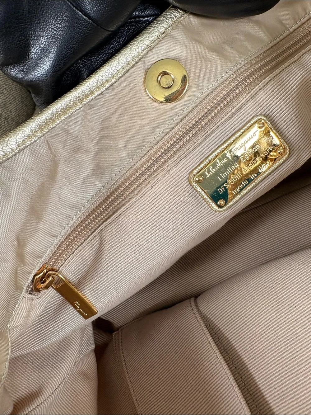 Salvatore Ferragamo Beige Nylon Shoulder Bag with Metallic Gold Trim